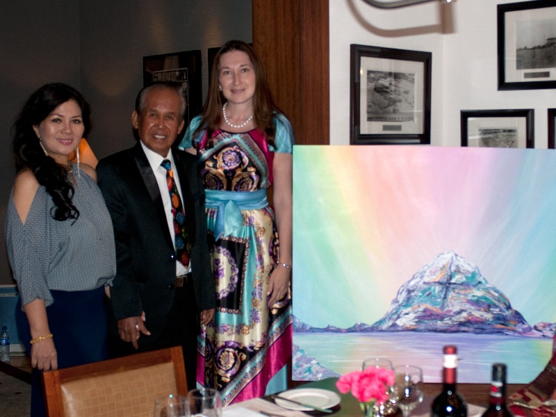 Natalya Bronzova with Alex Orbito and Imelda Marcos, Birthday party at the Peninsula, Manila, Philippines