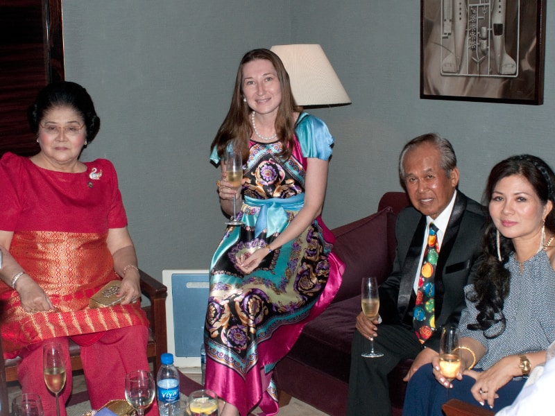 Natalya Bronzova with Alex Orbito and Imelda Marcos, Birthday party at the Peninsula, Manila, Philippines